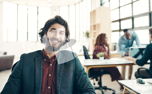 Image of Creative office, portrait of happy man in coworking space or design agency, start up business and entrepreneur at studio. Boss with creativity, ideas and happiness, businessman with success and smile