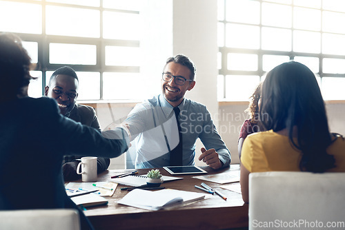 Image of Business man, office handshake and deal in a meeting with agreement and contract collaboration. Partnership, success and b2b work with shaking hands to welcome and show congratulations from teamwork