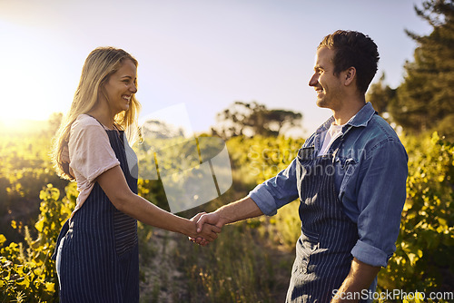 Image of Farmer b2b, team handshake and partnership for sustainability deal in countryside on farm. Agriculture, thank you and collaboration agreement in nature with farming worker and sustainable business