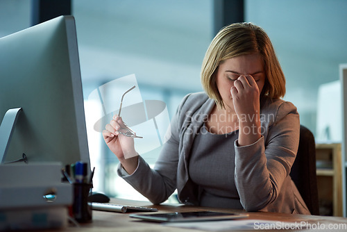 Image of Stress, headache and business woman in office, tired or fatigue while working late at night on computer. Burnout, migraine and female person with depression, anxiety or brain fog, pain and sick.