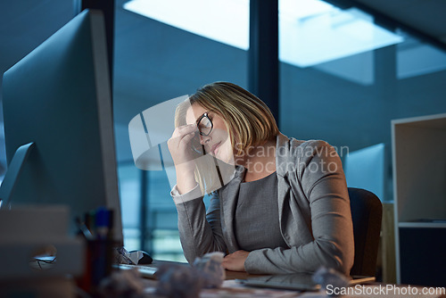 Image of Stress, headache and business woman in office, tired or fatigue while working late at night on computer. Burnout, migraine and female person with depression, anxiety or brain fog, sick and deadline.