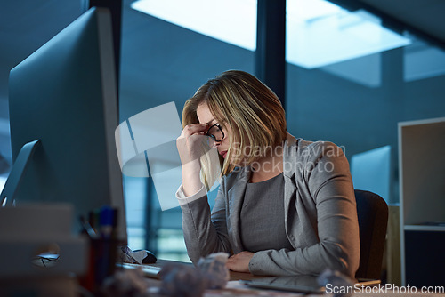 Image of Headache, burnout and business woman in office, tired or fatigue while working late at night on computer. Stress, migraine and female person with depression, anxiety or brain fog, sick and deadline.