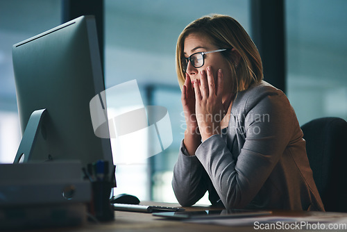 Image of Stress, headache and business woman in office, tired or fatigue while working late at night on computer. Burnout, deadline and female person with depression, anxiety or brain fog, sick or exhausted.