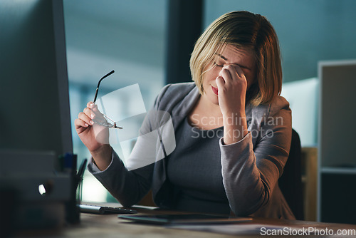 Image of Pain, headache and business woman in office, tired or fatigue while working late at night on computer. Burnout, migraine and female person with depression, anxiety or brain fog, stress and deadline.