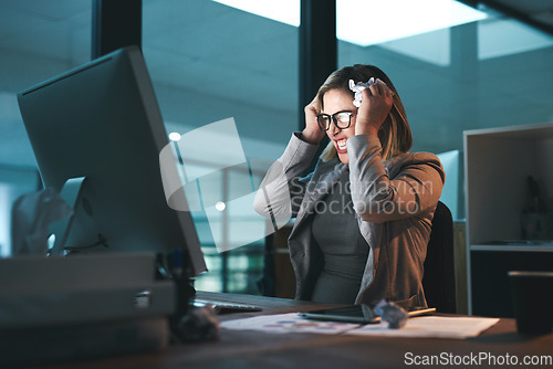 Image of Computer, frustrated and business woman in office with glitch or 404 problem while working at night. Headache, angry and female person with depression, anxiety or burnout and stress for deadline.