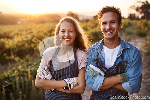 Image of Happy couple, arms crossed and portrait for farming, outdoor agriculture for plants, food and vegetables. Woman, man and together in countryside, garden or farm for happiness, start or sustainability