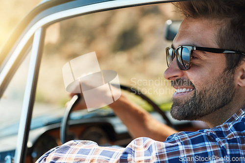 Image of Road trip, travel and man in window of car driving for adventure, summer vacation and holiday. Transportation, relax and face of male person in motor vehicle for freedom, journey and happy on weekend