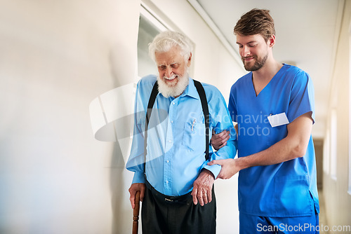 Image of Senior patient, nurse and help walking, moving or healthcare in nursing home, retirement and medical caregiver. Elderly, person with a disability and support from doctor or health care in hospital