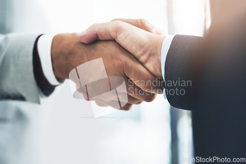 Image of Deal, business people and handshake by men for b2b partnership, welcome and hiring success. Thank you, shaking hands and person team in recruitment agreement, promotion or onboarding negotiation