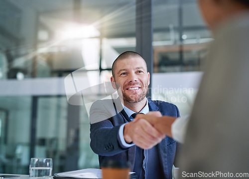 Image of Businessman, handshake and meeting for hiring, recruitment or b2b agreement in deal at office. Happy business people shaking hands in recruiting, teamwork or introduction and welcome at the workplace