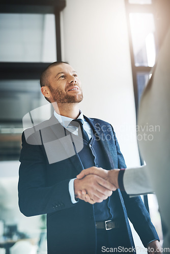 Image of Businessman, handshake and partnership for meeting, hiring or b2b agreement in deal at office. Business people shaking hands for recruiting, teamwork or collaboration and introduction at workplace