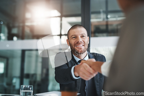 Image of Business people, handshake and partnership in meeting for hiring, deal or b2b agreement at office. Happy businessman shaking hands in recruiting, teamwork or introduction and welcome at the workplace