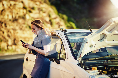 Image of Breakdown on road trip, car and woman with phone to search for help, roadside assistance and auto insurance. Emergency, transport and lady with engine problem, smartphone and text for online service.