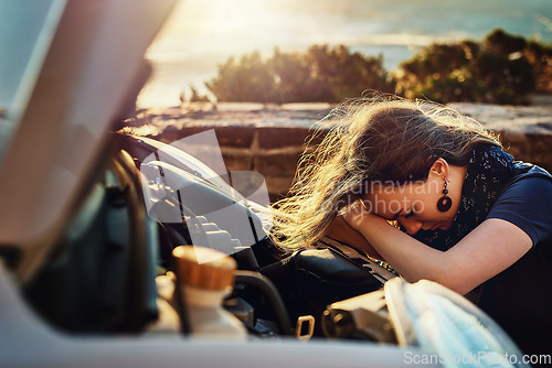 Image of Car breakdown, sadness and frustrated woman crying for help from roadside assistance and auto insurance service. Emergency, transport and lady with broken engine problem, defeat and road trip crisis.