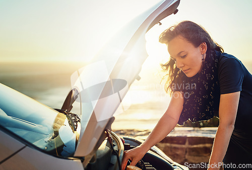 Image of Breakdown, car and woman checking engine problem waiting for roadside assistance and auto insurance service. Emergency, transport crisis and girl on road trip with motor problems looking under hood.