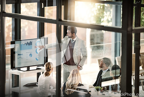 Image of Corporate meeting, window and people presentation, company statistics and data analytics, charts or graphs. Speaker, business manager or man and staff with infographics, revenue or profit on screen