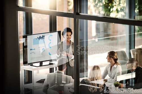 Image of Business meeting, window and people presentation, company statistics and data analytics, charts or graphs.. Speaker, manager or african woman with staff for work results, revenue and profit on screen