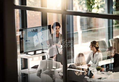 Image of Business meeting, window and woman in presentation, statistics and data analytics, charts or infographics graphs. African leader, speaker or people listening for results, revenue or profit on screen