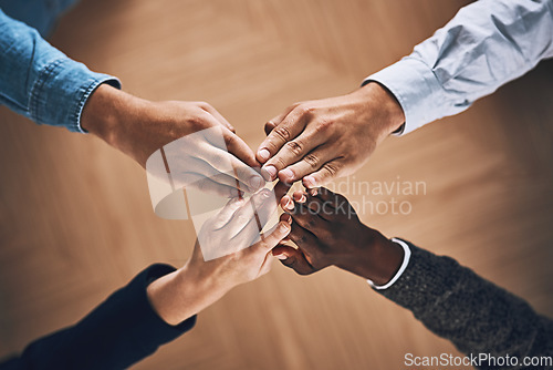 Image of Startup, high five or hands of business people winning with support for hope, motivation or planning in office. Link, winners or above of employees in collaboration with teamwork or mission together