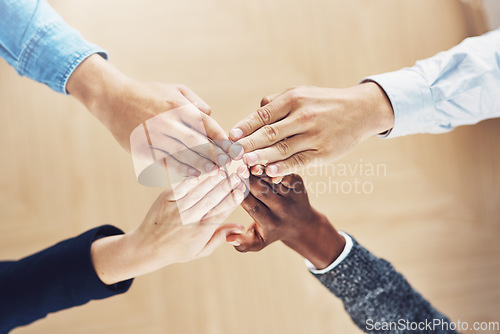 Image of Teamwork, high five or hands of business people winning with support for faith, motivation or planning in office. Link, winners or above of employees in collaboration with hope or mission together