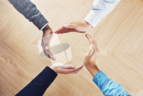 Image of Teamwork, recycling or hands of business people in circle for motivation, support or sustainability in office. Diversity, recycle or above of employees for goals, community help or partnership group