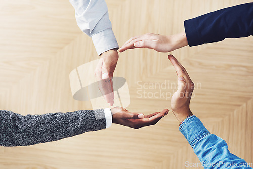 Image of Diversity, recycling or hands of business people in circle for motivation, support or sustainability in office. Teamwork, recycle or above of employees for goals, community help or partnership group
