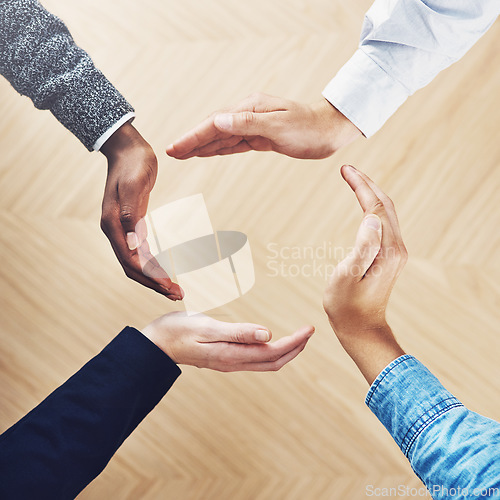 Image of Teamwork, recycling or hands of business people in circle for motivation, support or sustainability in office. Diversity, recycle or above of employees for goals, community help or partnership group