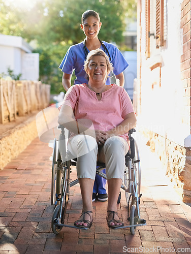 Image of Senior woman, wheelchair and nurse in portrait for homecare, healthcare service and disability support outdoor. Caregiver helping, disabled patient or person, insurance and garden for mental health