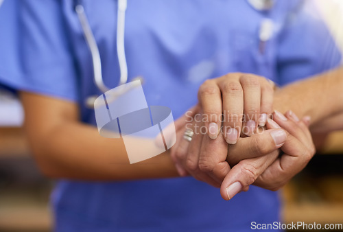 Image of Nurse, patient and holding hands for support, healthcare service and helping, muscle exam or arthritis. Professional doctor, medical or homecare woman, hand together sign and health check or nursing