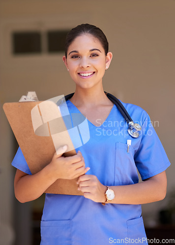 Image of Clipboard, portrait and happy woman nurse with healthcare service, hospital management and nursing. Face, smile and professional doctor or medical person with checklist for clinic career and mindset