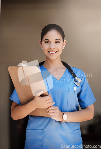 Image of Clipboard, portrait and happy woman doctor with healthcare service, hospital management and nursing. Face, smile and professional nurse or medical person with checklist for clinic career and mindset