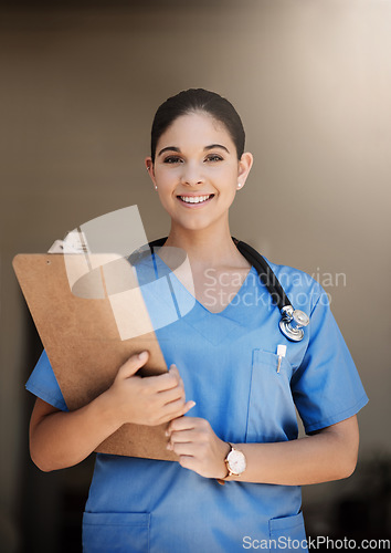 Image of Clipboard, portrait and woman nurse for healthcare service, hospital documents and nursing registration or information. Face, smile and professional doctor or medical person, checklist and clinic