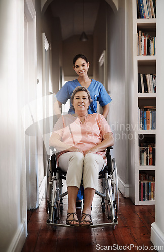 Image of Caregiver, portrait and woman in wheelchair for homecare helping, healthcare service and disability support. Nurse, disabled patient or mature person, insurance and nursing home, adn and empathy