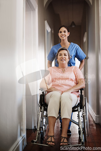 Image of Senior woman, wheelchair and nurse with homecare helping, healthcare service and disability support. Caregiver, disabled patient or happy person, health insurance and home and rehabilitation