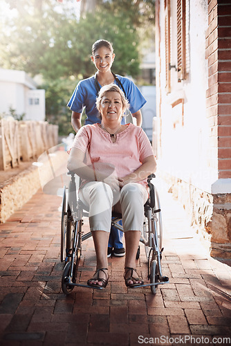 Image of Senior woman, wheelchair and caregiver in portrait for homecare, healthcare service and disability support outdoor. Nurse helping, disabled patient or person, insurance and garden for mental health