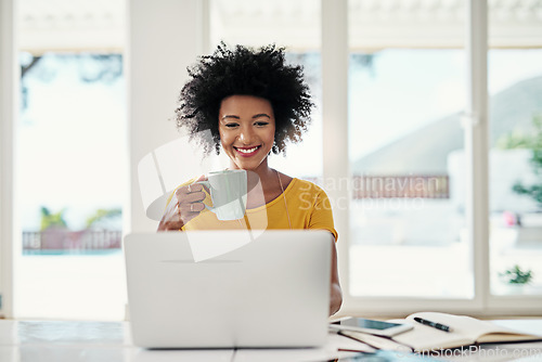 Image of Laptop, smile and relax with black woman and coffee for planning, website and remote worker. Blog, networking and social media with female freelancer at home for email, technology and internet