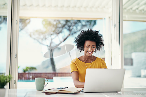 Image of Laptop, smile and relax with black woman and research for planning, website and remote worker. Blog, networking and social media with female freelancer at home for email, technology and internet
