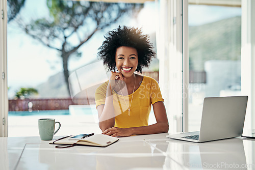 Image of Laptop, smile and happy with portrait of black woman for planning, website and remote work. Blog, networking and social media with female freelancer at home for email, technology and internet