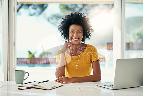 Image of Laptop, smile and research with portrait of black woman at home for planning, website and remote worker. Blog, networking and social media with female freelancer for email, technology and internet