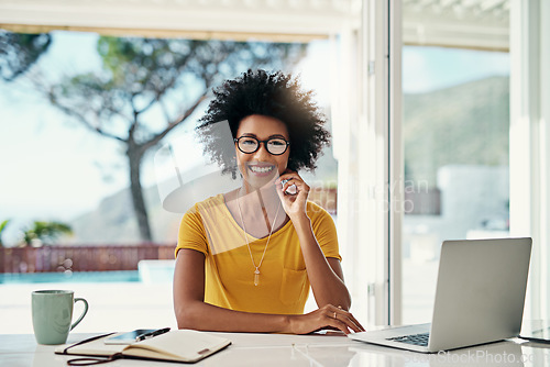 Image of Laptop, research and relax with portrait of black woman for planning, website and remote work. Blog, networking and social media with female freelancer at home for email, technology and internet