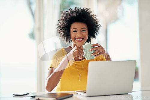 Image of Laptop, coffee and blog with portrait of black woman for planning, website and remote work. Happy, networking and social media with female freelancer at home for email, technology and internet