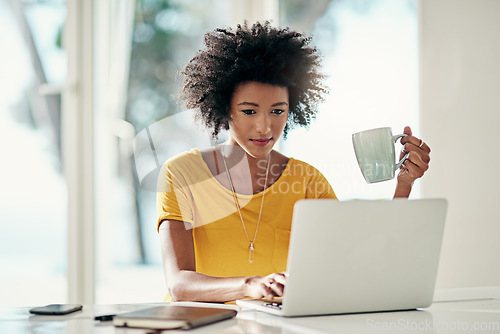 Image of Laptop, blog and research with black woman and coffee for planning, website and remote work. Relax, networking and social media with female freelancer at home for email, technology and internet