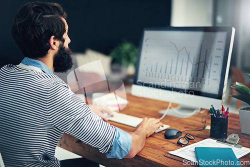 Image of Business man, financial graph and computer with digital work for online investment data. Finance employee, internet and web chart of a worker looking at stock market information for company job