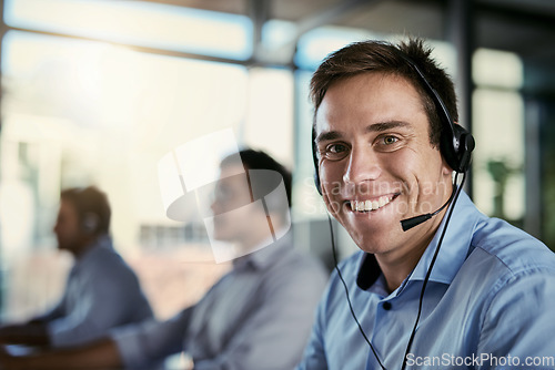 Image of Customer service, smile and mockup, portrait of happy man in coworking space consulting with advice at help desk. Phone call, conversation and happiness, callcenter consultant with headset in office.