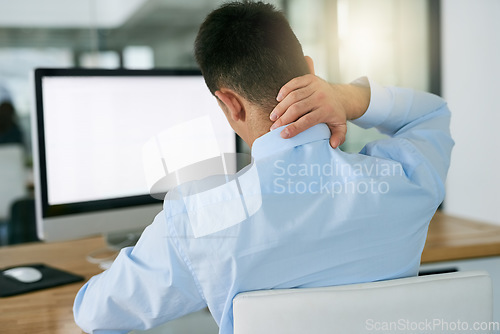 Image of Neck pain, stress and mockup with man and computer screen for headache, burnout and tired. Anxiety, mental health and injury with male employee in office for frustrated, mistake and muscle