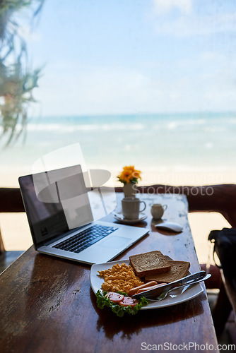 Image of Laptop, beach or empty table at restaurant at remote online workspace in the morning connection. Background, internet or luxury seaside cafe for digital blog online with brunch meal, coffee or food