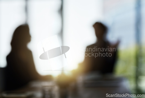 Image of Silhouette blur, office and business people in meeting for discussion, planning and conversation. Corporate mockup, collaboration and blurred man and woman for communication, networking and teamwork