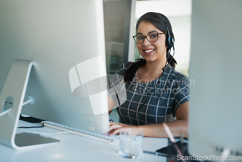 Image of Call center, computer and consulting with portrait of woman in office for customer support, advisory and online. Technology, internet and receptionist with employee for contact us and communication