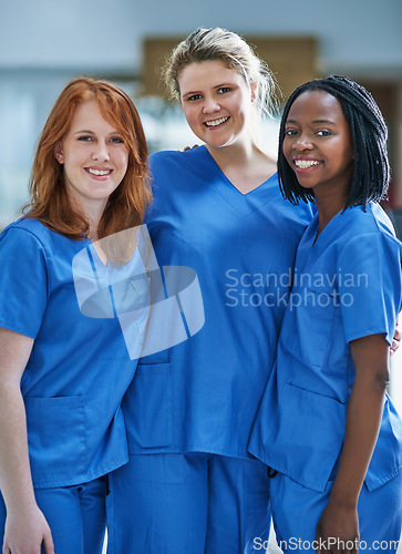 Image of Portrait, nurses and team in a hospital, healthcare and happiness with doctors, career and friends. Medical student, surgeons or staff in uniform, wellness or teamwork with success or professional