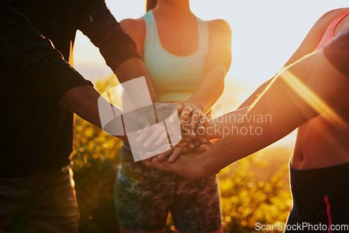 Image of Hands together, fitness group success and outdoor with goal, workout and teamwork in nature. Exercise, sport and people with hand united for support, training and motivation with solidarity